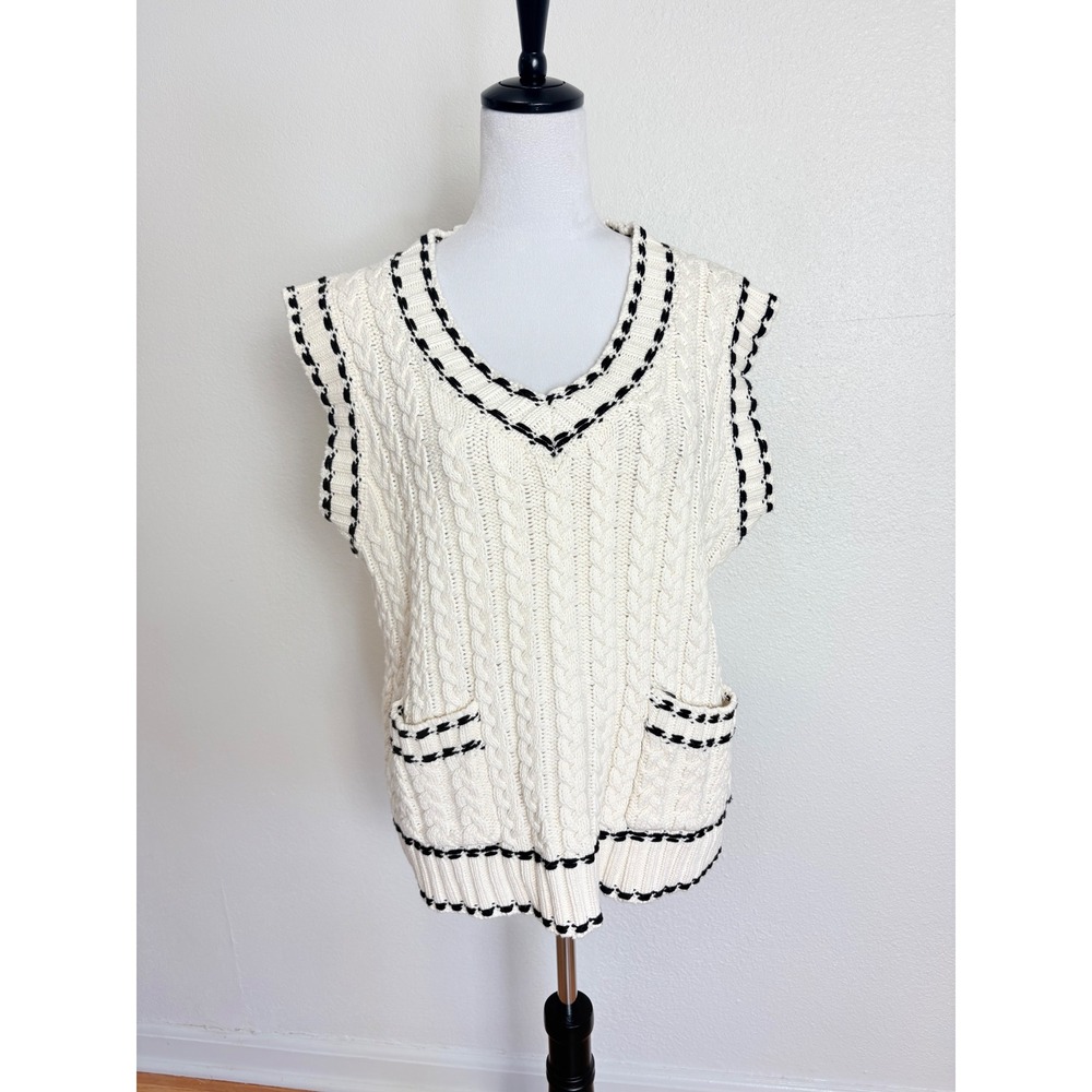 Davi & Dani Cream Cable Knit Sleeveless Sweater Vest w/ Pockets Size Medium